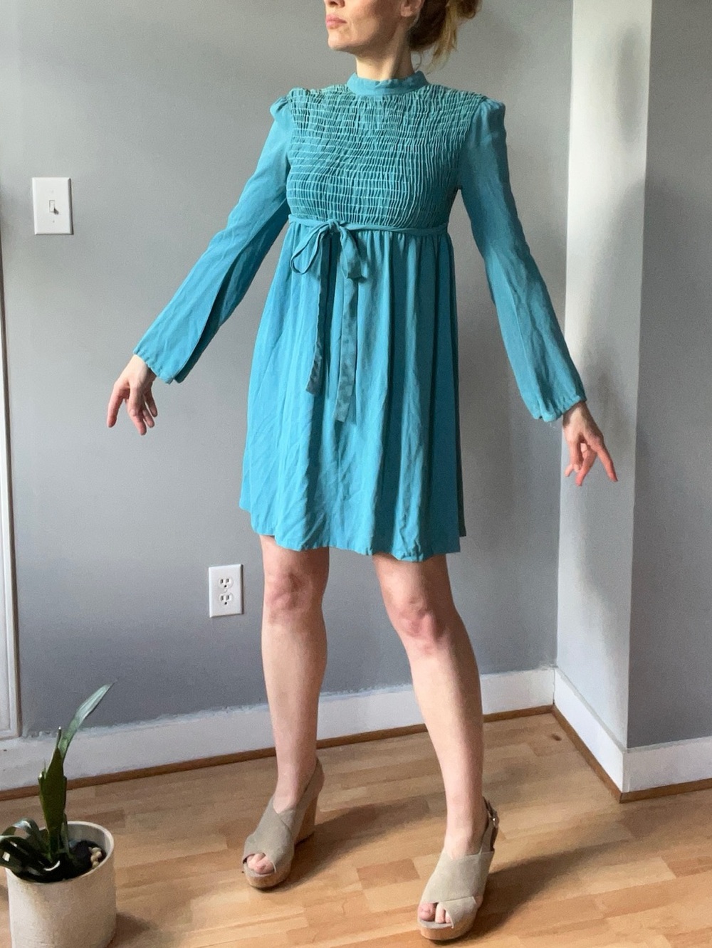 Vintage sky blue Smocked Long-Sleeve Mini Dress